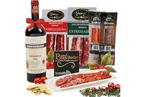 FAMILYCOM. Cesta Navidad Gourmet. Surtido con Ibericos para Regalo. Lote de Ibericos, Embutidos, Selección de Vino, Sobrasada, Morcilla, Paté.