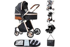 ALYIKOU-poussette 3 en 1，Combinaison pliable poussette 3 in 1，poussette bebe 0 a 3 ans Housse de pluie, sac Mommy, moustiquaire, accessoires de siège, adaptateur universel (LV9 Noir)