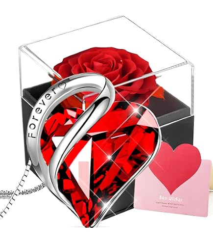 Collana Con Vera Rosa Eterna Rossa E Ciondolo Cuore – Regalo Romantico Per Fidanzata, Moglie O Mamma