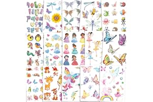 Qpout 180pcs Niños flash tatuaje, flash tatuaje temporal flor hada/disney princesa/mariposa/animal tatuaje pegatina, regalo de cumpleaños para niñas y niños,relleno de bolsa de regalo recompensa