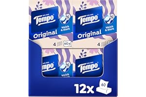 ‎TEMPO Tempo Original Taschentücher Würfelbox - Megapack - 12 Boxen, 60 Tücher pro Box - extra starke, weiche Papiertaschentücher, waschmaschinenfest