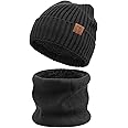 OZERO Winter Beanie Hat Scarf Set: Thermal Thickened Fleece Lining Knit Hat and Neck Warmer for Skiing Runing Cycling Snow Day Warm Gifts for Men and Women - Black/Grey