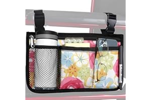 HSGEZUOQI Wheelchair Side Bag, Upgrade Flower Color Armrest Storage Pouch with Cup Holder and Reflective Strip Use of Waterproof Fabric, for Most Wheelchairs, Walkers or Rollators (Flower Color)