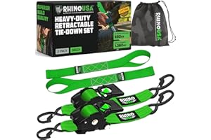 RHINO USA Cinghie di ancoraggio retrattili a cricchetto - Resistenza alla rottura di 1360 kg, include (2) cinghie di ancoraggio retrattili automatiche da 5 cm x 3 m con manici imbottiti - Verde