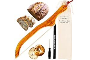 5 STAR MOON Pan cortada de pan, sierra de arco de pan para cortar sierra de pan de masa fermentada con asado con mango de madera acacia para pan casero, masa madre y bagels de pan serramado