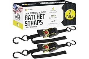 DC CARGO MALL DC Cargo Auto Retractable Ratchets Straps Heavy Duty (w Soft tie)- 2 Pack 1" x 10' - SELF-CONTAINED Cargo Strap Tiedowns for Motorcycles, ATVs, Bikes, Boats: Tight & Secure Pickup Trailer Tie Down
