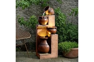 BUMILGAR Springbrunnen für Außen Großer Gartenbrunnen mit LED Beleuchtung, 4-Stufiger brunnen mit kaskadenförmigen Schalen für Draussen Garten, Terrasse, Hinterhof, Veranda, 134x46x37, Gold