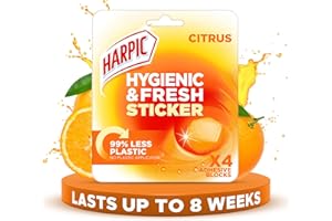Harpic Hygienic Fresh Sticker Adhesive Toilet Block, Citrus , Pack 1 x 4 Stickers, Toilet Freshener, No Plastic Applicator, Up to 8 weeks of Freshness
