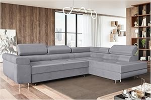 ‎MEBLINI MEBLINI Schlafcouch mit Bettkasten - Ecksofa mit Schlaffunktion - Sofa mit Relaxfunktion und Kopfstützen - Couch L-Form - Eckcouch - Wohnlandschaft - MALIBA - 277x203x63cm Rechts - Grau Samt