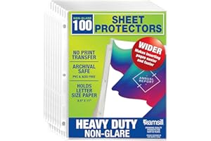 Samsill 100 Non-Glare Heavyweight Sheet Protectors, Reinforced 3 Hole Design Plastic Page Protectors, Archival Safe, Top Load for 8.5 x 11 Inch Sheets, Box of 100