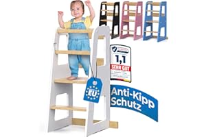 Schwanfeld® Lernturm ab 1 Jahr [ANTI KIPP SCHUTZ] - inkl. Montagezubehör - Montessori Lernturm aus zertifiziertem Massivholz (bis zu 50kg belastbar) - Learning Tower 3 Level (höhenverstellbar)