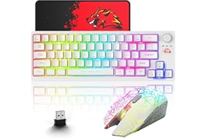 ZIYOU LANG Combo Teclado y Ratón Inalámbrico para Windows, 2.4 GHz con Receptor USB, 64 Teclas con perilla RGB Retroiluminado Recargable 3000mAh Batería Teclado 2400 DPI Mouse con alfombrilla de ratón - Blanco