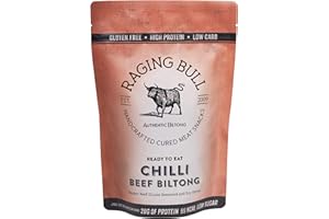 Raging Bull 250g Chilli Beef Biltong - Authentic South African Gluten Free Biltong - High Protein Snacks - Grass Fed Beef Biltong - Low Carb Keto Snacks - Natural Carnivore Meat Snacks