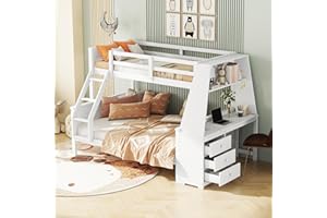 KUAKE Letto a castello 140x200cm con scrivania integrata e vano portaoggetti,letto a soppalco con 3 cassetti e protezione dalle cadute, per cameretta dei bambini, telaio del letto e rete a doghe in (Bianco)