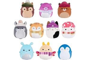 JAZWARES Micromallows Squishmallows Original Plush 10-Pack - includes 10 2.5 Inch Yellow Moth, Mushroom, Penguin, Cat, Purple Bear, Hedgehog, Squirrel, Chinchilla, Beaver, and Blue Alien