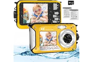 LEOLAMVAED Cámara Acuática 4K con Tarjeta de Memoria de 64 GB, Cámara Sumergible de 48 MP con Enfoque Automático y Pantallas Duales Selfie HD, Cámara Acuática Sumergible de 3 Metros para Bucear (2 Baterías)