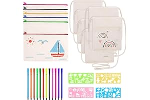 Fiyuer 12er Set Stoffbeutel zum Bemalen für Kinder, DIY Blanko Stoffbeutel Klein, mit 12 Buntstift & 4 DIY Malschablonen, Taschen zum Bemalen für Kinder, Brustbeutel für Schule Party Feier Geschenk