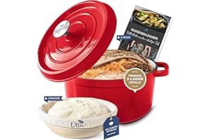 OTTIA Casserole en fonte de qualité supérieure, 3 couches d'émail, accessoires (panier de fermentation, protection contre la chaleur, pinceau, livre de recettes électroniques) 26 cm grand format 5