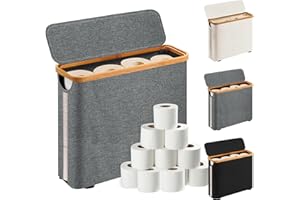 PRISMORIA Toilet Roll Storage, Grey Toilet Paper Basket with Lid Bamboo Toilet Paper Storage Holder Organiser Toilet Paper Storage Container for Mega Roll Standing for Bathroom Cabinet for up to 12 Rolls