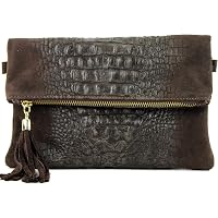 modamoda de T151/M151 - Borsetta italiana tipo pochette, in pelle scamosciata o pelle dall'effetto metallizzato, Beige (sabbia), Small