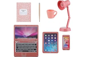 TIESOME 1:12 Dollhouse Mini Laptop Tablet Set, 7 Pcs Simulation Computer Phone Desk Lamp Miniatures Doll House Accessories Small Furniture Model for Dollhouse Decoration (Rose Gold)