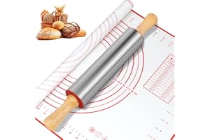 Rouleau à Pâtisserie BOCHION en Acier Inoxydable avec Poignées Bois+Tapis de Cuisson en Silicone avec Marquage de Mesure, Rouleaux à Pâtisserie Parfait pour Fondant, Pizza, Gâteau et Pâte