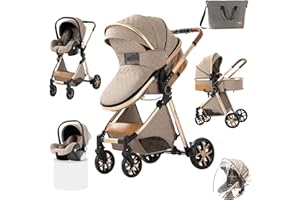 Prokoke Passeggino Trio, Trio Passeggino Neonati con Due Modi Reversibili per Spingere, Passeggino 3 in 1 con Una Lega di Alluminio a Cornice, Trio con Design Pieghevole in Un Clic (225 Khaki-1)