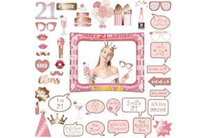 TWIRUSH 21th Birthday Photo Booth Props and Inflatable Selfie Frame, 38Pcs 21th DIY Birthday Party Selfie Props Kit for Girls Women, Rose Gold Inflatable Party Photo Booth Frame for Birthday Party Decoration