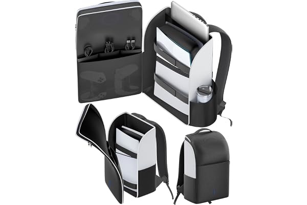 Mochila para Consola PS5/ Slim/ Pro, Bolsa PS5 de Viaje con Protección Total, Funda ps5 Almacenamiento de Gran Capacidad, PS Portal, Portátil, Tarjeta de Juego, Maletin PS 5 con Bolsa 3 Cable- Blanco