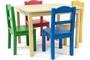 Humble Crew Primary Wooden Square Table and 4 Chairs Set for Toddlers, Easy to Clean Furniture, Ideal for Learning, Playing, Eating and Crafting - Natrual Wood/Red/Green/Blue/Yellow