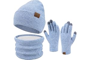 ZASFOU Damska zimowa czapka beanie, szal, rękawiczki do ekranów dotykowych, zestaw ciepłych czapek z dzianiny, ocieplacze na szyję dla kobiet i mężczyzn, jasnoniebieski, jeden rozmiar
