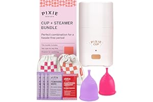 PIXIE CUP Menstrual Cups with Sterilizer - Ranked 1 for Most Comfortable Soft Reusable Period Cup - Kills 99.9% of Germs with Cleaner Steamer - Wash Your Cup in 3 Minutes! - Compact Sanitizer Kit