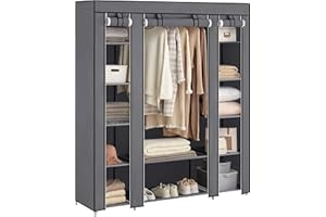 ‎SONGMICS SONGMICS Szafa na ubrania, szafa z materiału, 12 z drążkiem na ubrania i półkami, stabilna szafa, do sypialni, garderoby, 150 x 45 x 175 cm, szara LSF03G