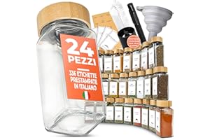 comforder – Barattoli Spezie per Cucina + 336 Etichette in Italiano e 2 Mulini – 24 Contenitori in Vetro da 120 ml (Bambù)