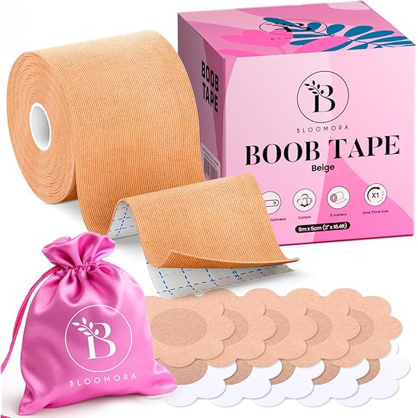 Boob Tape Breast Tape Booby Tape,Breast Lift Tape Self Adhesive Sticky Bra with Petal Nipple Covers and Rabbit Ear Band, Body Tape for Chest Invisible Backless Bra Tape for A-K Cups, khaki