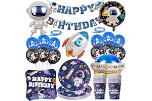 OMZSXK Weltraum Geburtstag Deko Set,79 Stück Weltraum Partygeschirr mit Astronaut Folienballon Partyzubehörset,Weltraum Pappteller Tassen Servietten banner Luftballon Raketen Raumschiff Deko 20 Gäste