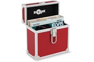 Retro Musique Aluminium 7"-Vinylschallplatten-EP-Aufbewahrungsbox Für bis zu 35 EPs (in PVC-Hüllen) Inklusive 35 Vinylschallplatten-Außenhüllens (Rot)
