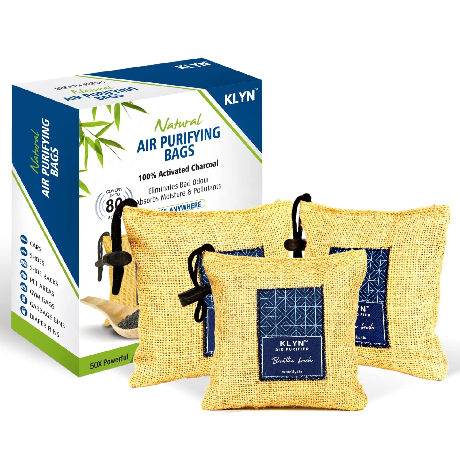 KLYN Non Electric Activated Charcoal Air Purifier Bag 200gm (Pack of 3) | Car Air Freshener To Remove Odor and Moisture Absor