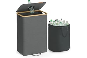 SONGMICS Pfandflaschen-Sammelbehälter, 95 L Pfandflaschen-Behälter, Flaschensammler Leergut, Recycling-Behälter, mit Loch, Deckel, Innensack mit Griffen, Küche, schiefergrau-naturbeige RRB509G01