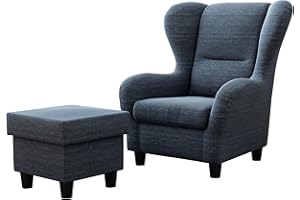 Furniture for Friends Möbelfreude Doluna Ohrensessel - Blau Savana Sessel mit Hocker Moderner Fernsehsessel Lesesessel Wohnzimmersessel Wellenfederung Landhausstil