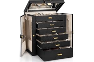 AKOZLIN Grande portagioie organizer funzionale con grande specchio, custodia per gioielli in pelle per donne e ragazze, per anelli, collane, orecchini, bracciali, organizer