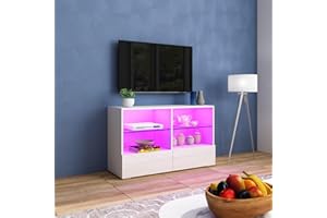 SENVOZIII White TV Unit Led Light Modern High Gloss Front TV Stand Unit 100CM with 2 Drawers 4 Open Shelves with Glass Shelves TV Units for Living Room Bedroom Home Furniture