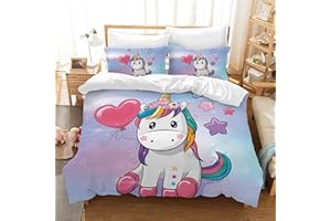 Rowjoy Copripiumino Unicorno Microfibra 200x200, Set Bambino Con 1 Copripiumino e 2 Federe 50x75cm (Love Unicorn, 200X200cm)