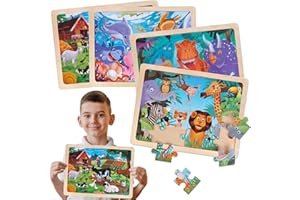 TACOPET Puzzles en Bois Enfant 3 4 5 Ans, Lot de 4x24 Pièces Jouet Puzzle Jeux Dinosaure Ferme Animaux Monde Marin, Jeux Montessori Éducatif Jigsaw Puzzle Jouet en Bois pour Garçons Filles de 3 Ans +