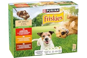 Purina Friskies Comida húmeda para Perro en Salsa con Pollo, Cordero y Buey, 6 Paquetes de 12 Sobres de 85g