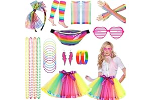 Aonuily 80s Fancy Dress for Women, 1980s Party Costume Accessories Set Tutu Skirt Leg Warmers Earrings Fishnet Gloves Glasses Bracelet Necklace Headband for 80s Party