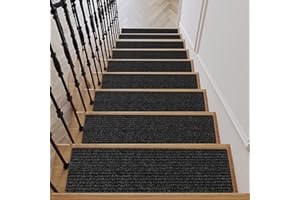 QIEERXI 15 PCS Stair Tread Pads Non-Slip Wooden Step Protectors - 20 x 76cm Stair Carpet Treads Reusable Stair Runner Rugs Carpet Covers for Indoor, Wooden Steps, Home, Pets, Kids & Elders (Black)