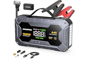 8000A & 160PSI Booster Avviamento Auto con Compressore Aria Portatile, Avviatore Batteria 27000mAH（Tutti Gas 12L Diesel）Jump Starter con 600LUMEN,Ricarica USB-C AIMAPOW