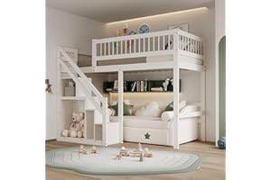 ‎JOVIFY Kinderbett Etagenbett 90 x 200 cm, Hochbett mit Treppe und Aufbewahrungsschrank, Multifunktionsbett Einzelbett Stockbett Spielbett Kinderhochbett Jugendhochbett, Massivholz, Ohne Matratze, Weiß
