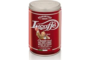 Lucaffé Klasyczna mielona kawa, 250 g aromatu w szkle stalowym, zmielona kawa 80% Arabica 20% wytrzymała, słodki smak, palony aromat z nutami orzecha laskowego, miękka ciało
